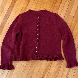 Women’s Burgundy Ruffle-Trim Cardigan Sweater size 10